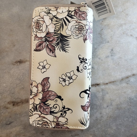 Floral Women Long Wallet Clutch Double Zip Wristlet Beige White Brown Flowers - Picture 2 of 6